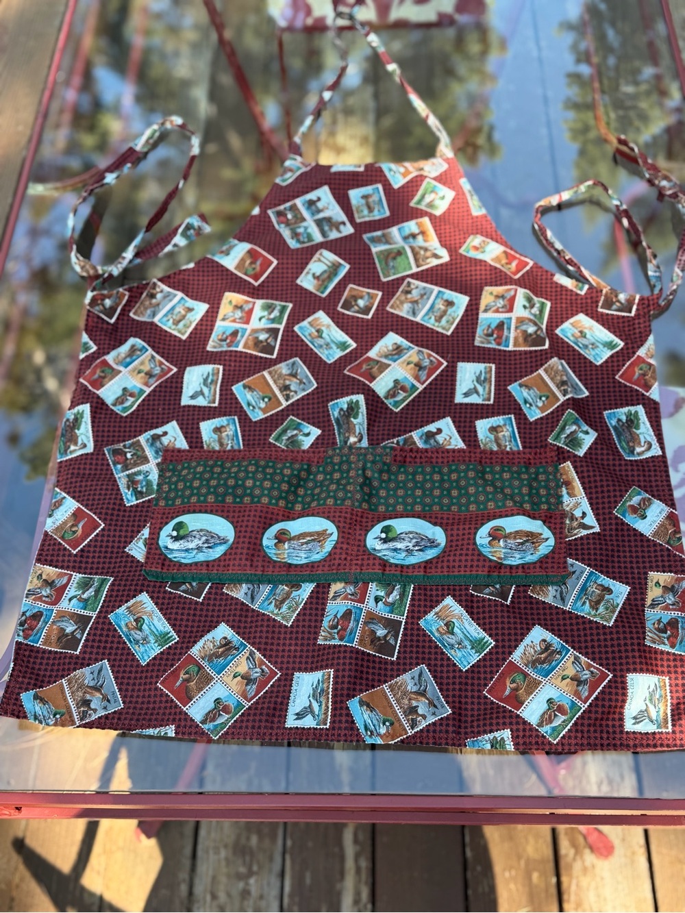 Red Duck-Print Kitchen Apron with Front Pocket